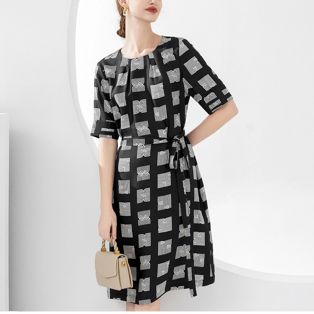 100%桑蚕丝 夏季圆领宽松印花100%桑蚕丝连衣裙连衣裙 0305