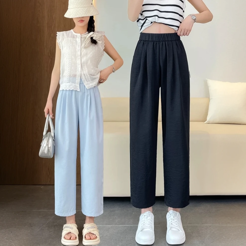冰丝休闲裤女夏薄款小个子八分阔腿裤宽松显瘦高腰窄版直筒凉凉裤