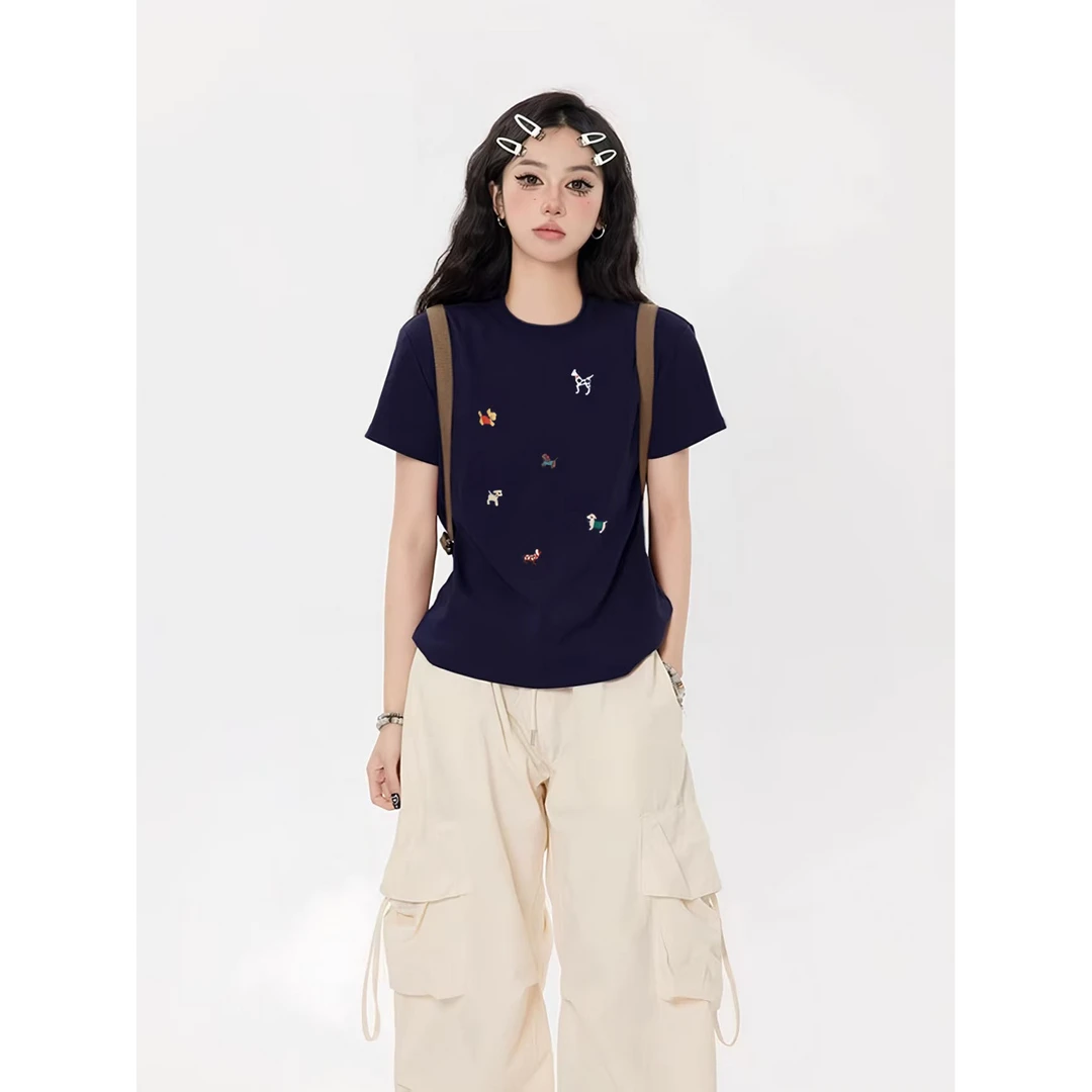 FALLME夏季新款T恤穿搭小众设计款正肩修身休闲圆领短袖T恤女上衣