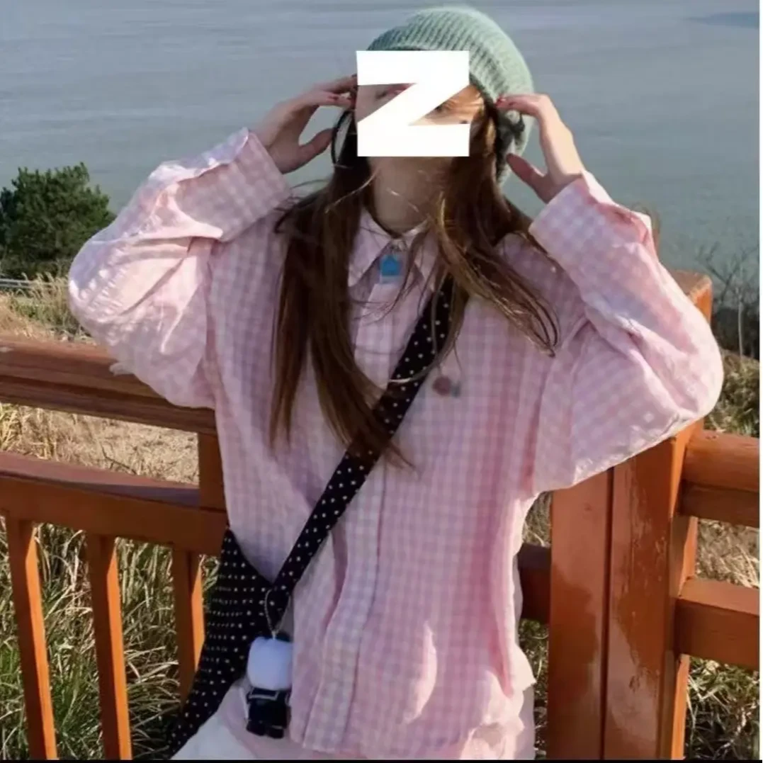 【工厂现货】粉色多巴胺格子长袖衬衫女2025春季韩系甜美慵懒风外套