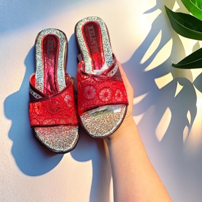 泰国原装进口红色透网带钻高大尚拖鞋平底凉鞋百搭休闲