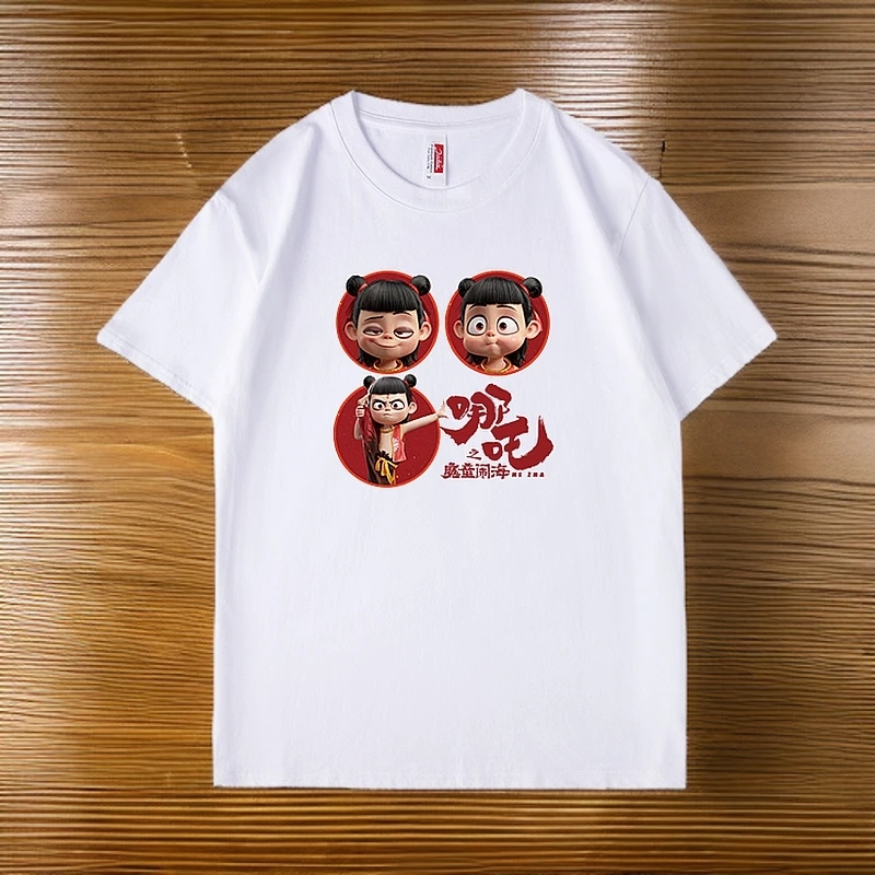 夏季新款圆领纯棉宽松运动潮流个性哪吒印花短袖小众嘻哈国潮T恤