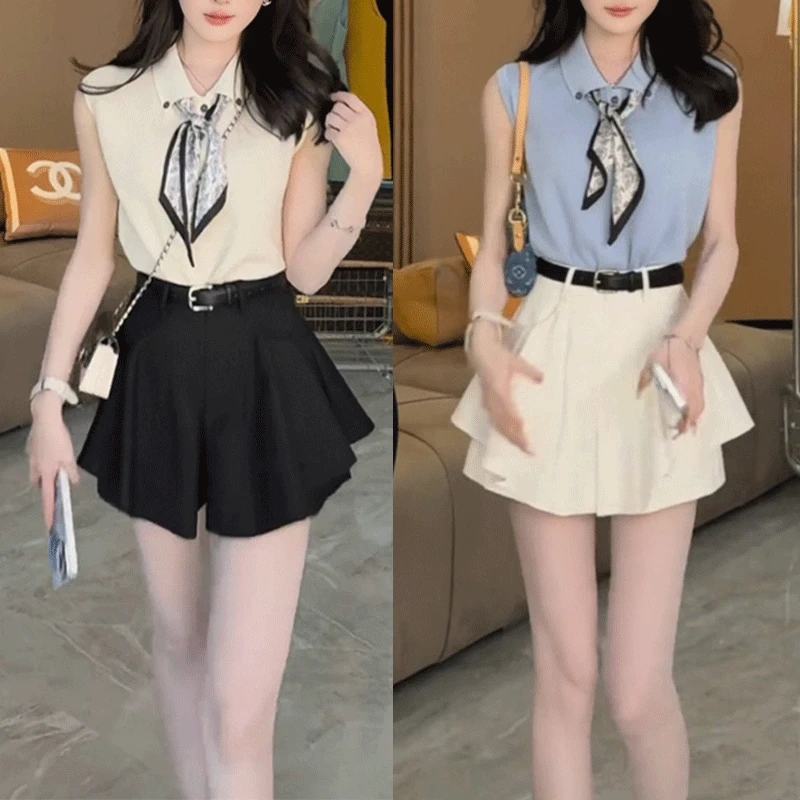 韩系高级感气质短裤裙裤套装女夏季新款无袖上衣收腰裙裤两件套女