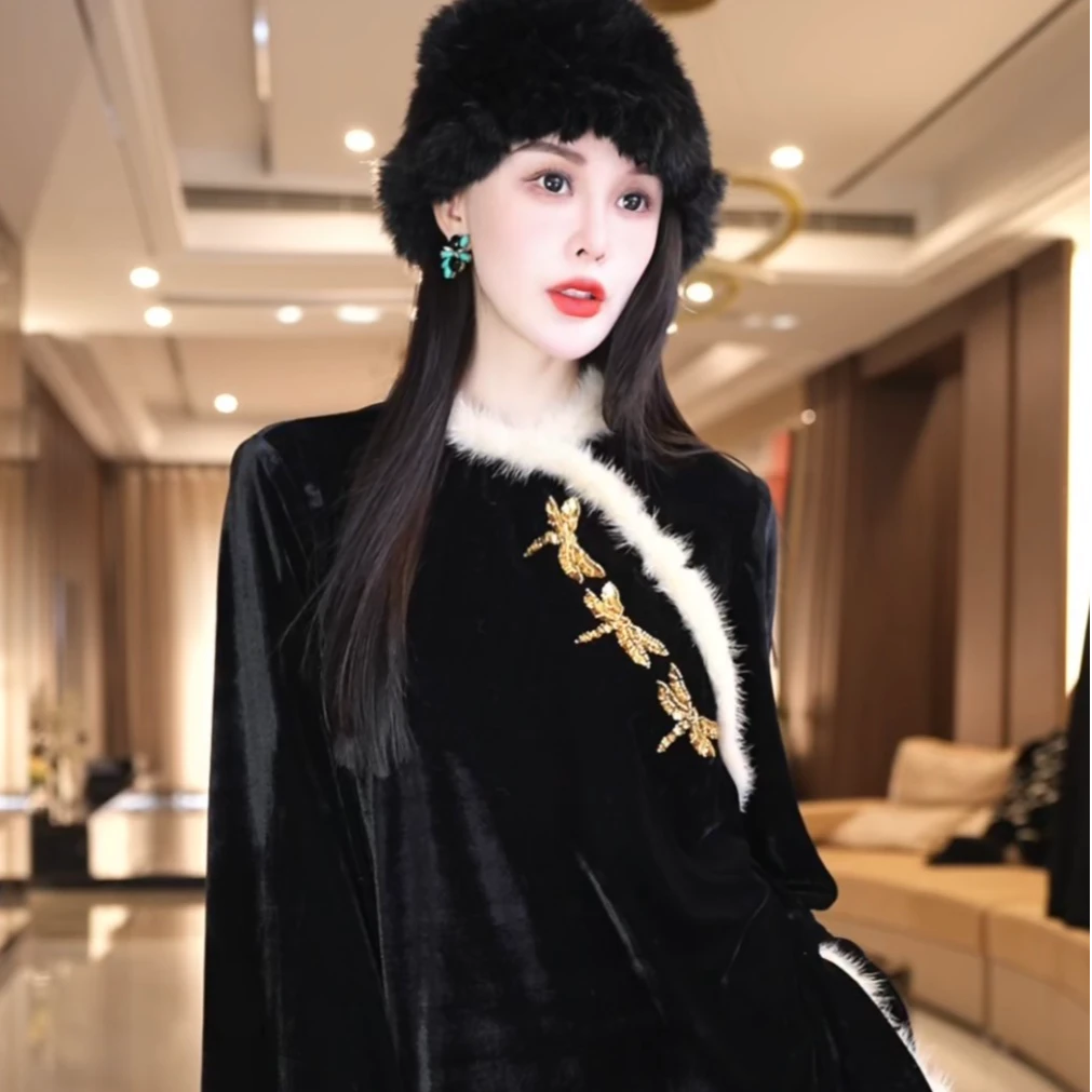 飞儿【蜓绣幽绒】2025早秋新款丝绒拼接水貂毛上衣衬衫