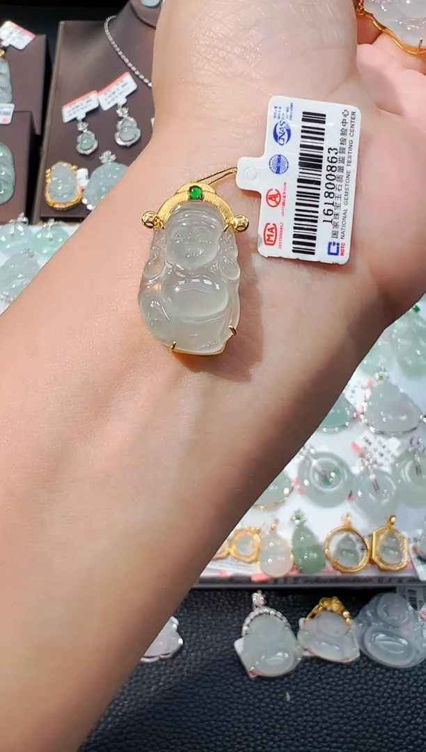 翡翠18K金镶嵌颈饰财神爷吊坠863