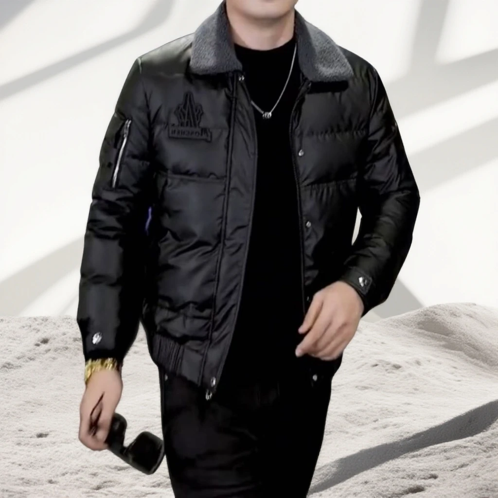 宾斯洛特冬季款时尚潮流运动休闲修身黑色商务翻领羽绒服保暖百搭