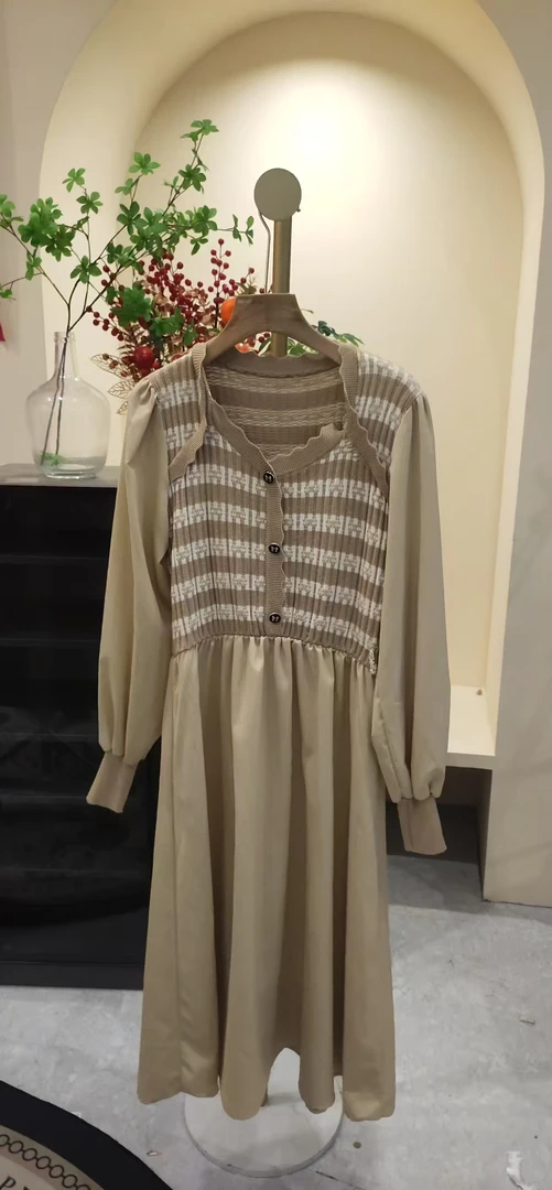 K532  长裙格子其他other拼接连衣裙休闲长袖清冷新中式