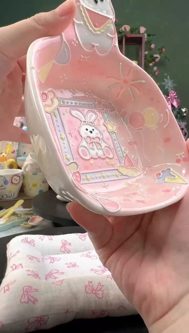 160景德镇高温陶瓷釉下彩 玉泥 兔子小碗