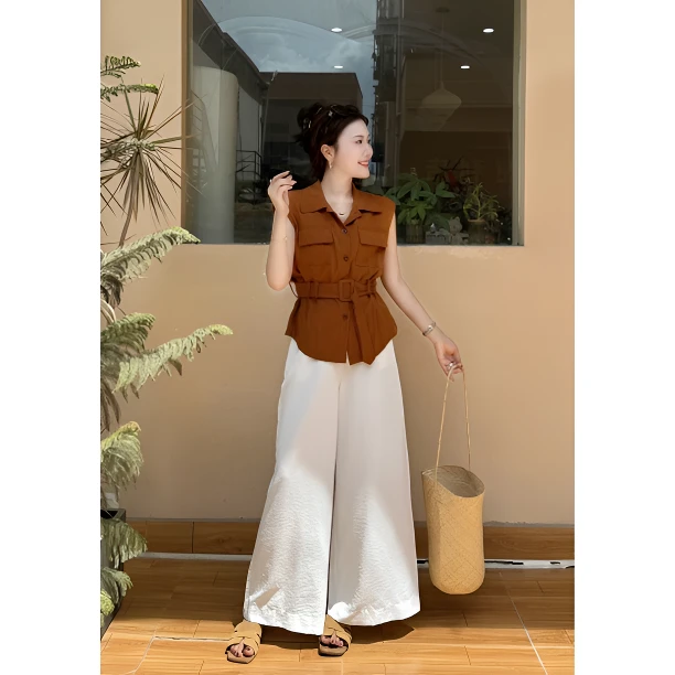 韩系高质通勤气质砍肩袖衬衫搭配阔腿裤时尚显瘦套装【卢浮画展】