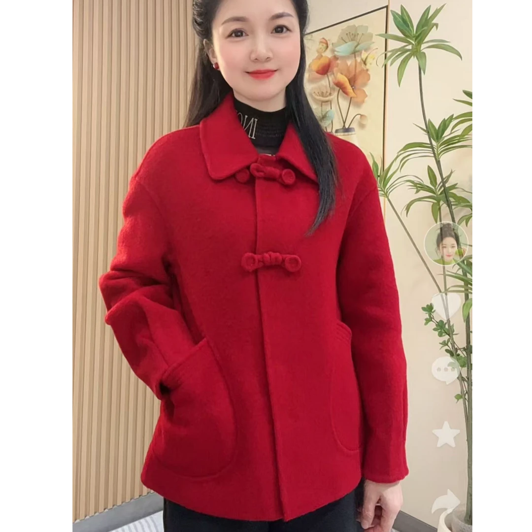 【海媚优选】新款保暖短款娃娃领适中毛呢外套红色秋冬双面呢