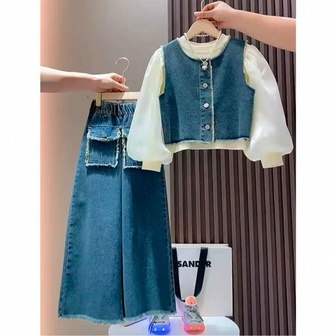 2025春季新款女大童时尚卫衣牛仔马甲牛仔裤三件套套装