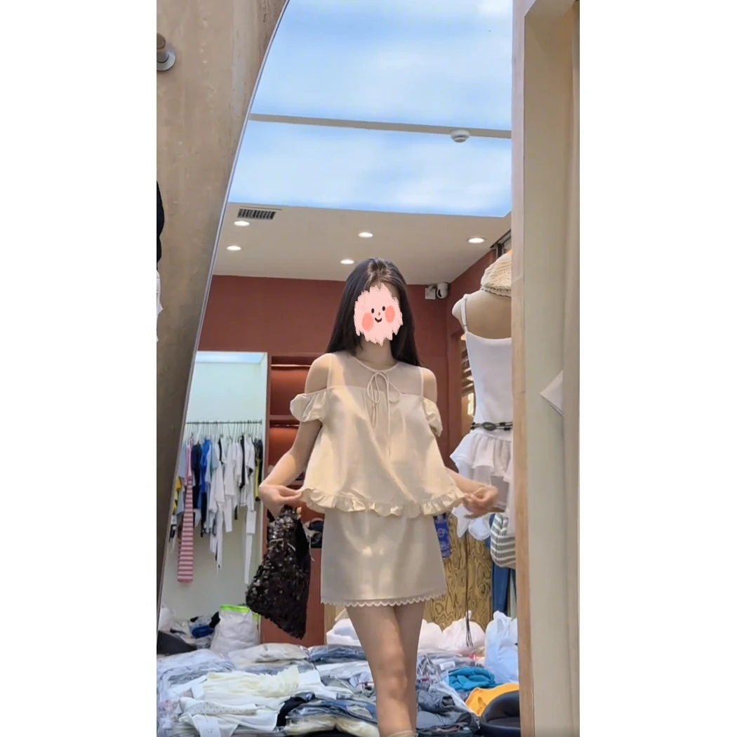 甜美减龄木耳边抽绳设计感衬衫上衣女2025夏季新款宽松一字肩上衣