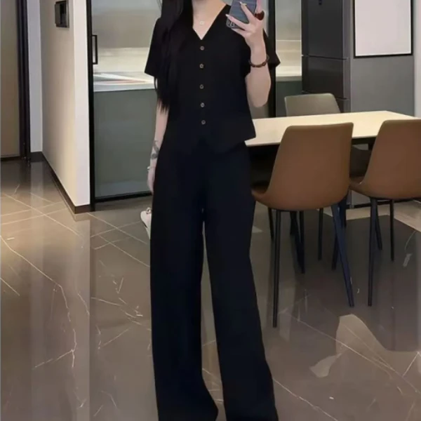 2025夏季新款时尚百搭显瘦两件套V领短袖上衣阔腿休闲套装9096