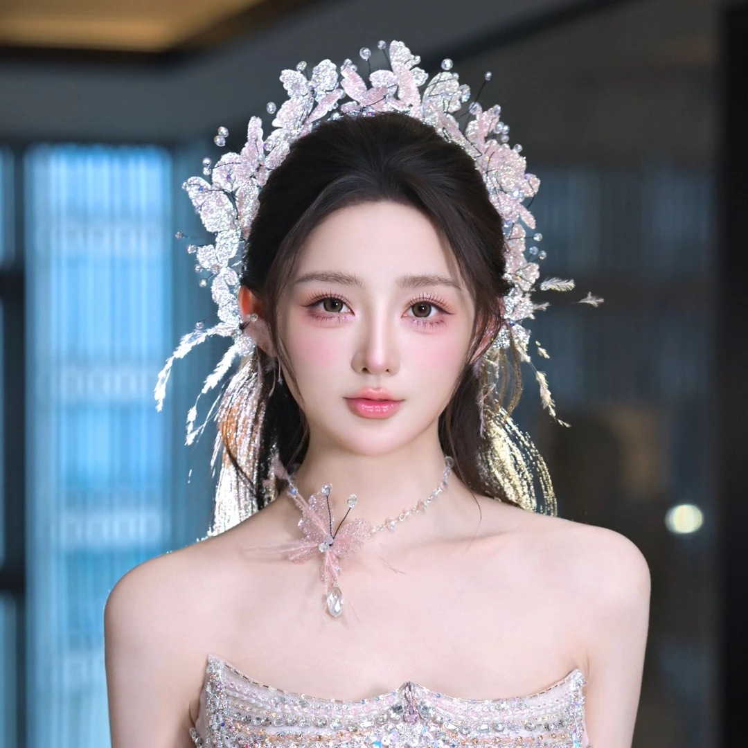 铜合金树脂婚庆饰品 01012新娘头饰百搭手工重工粉色蝴蝶头饰