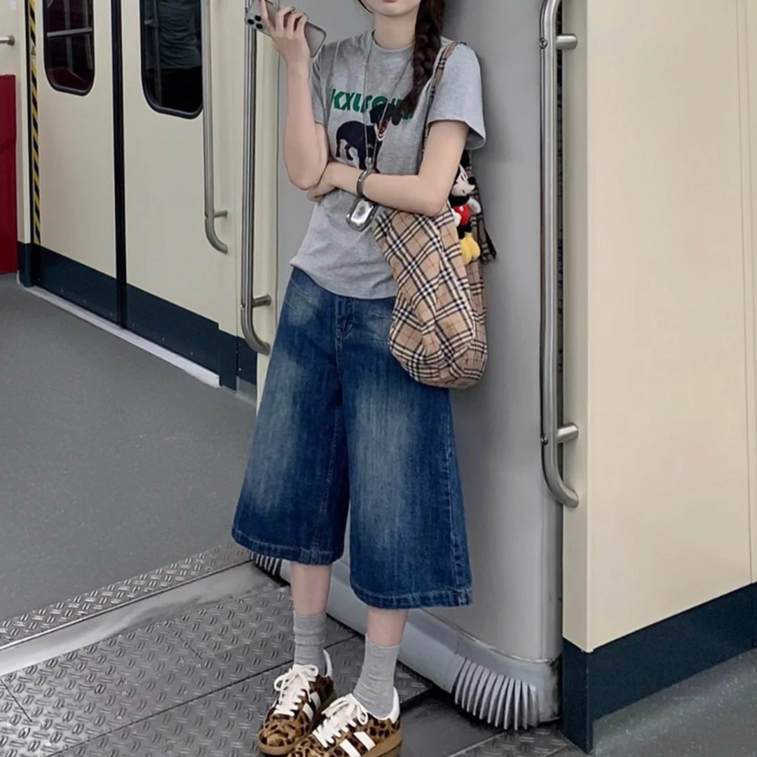 韩版水洗七分牛仔裤女夏季新款宽松休闲显瘦高腰垂感阔腿直筒中裤