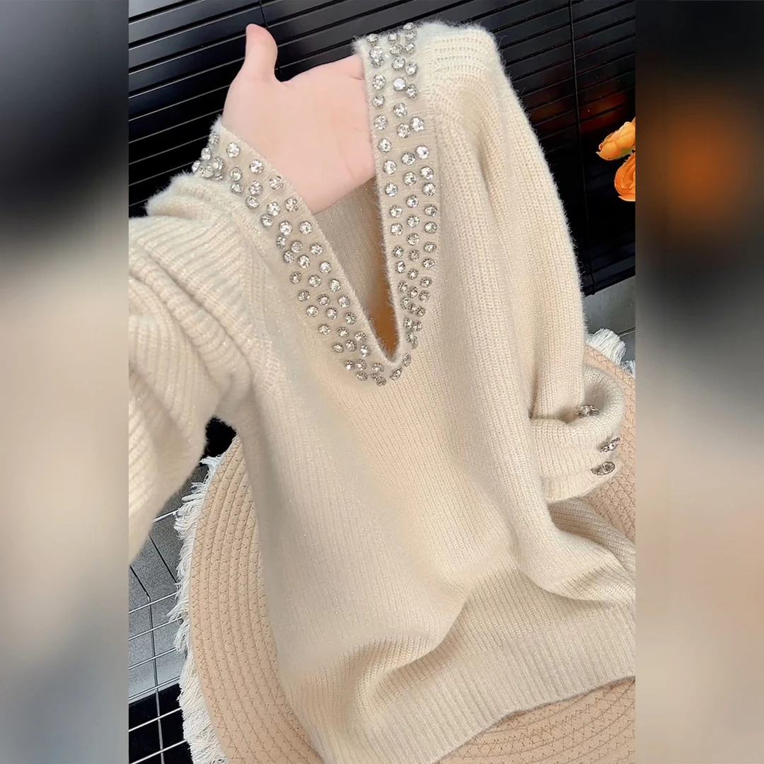 法式爆款重工镶钻v领针织衫女装2025年秋新款高级感宽松显瘦毛衣