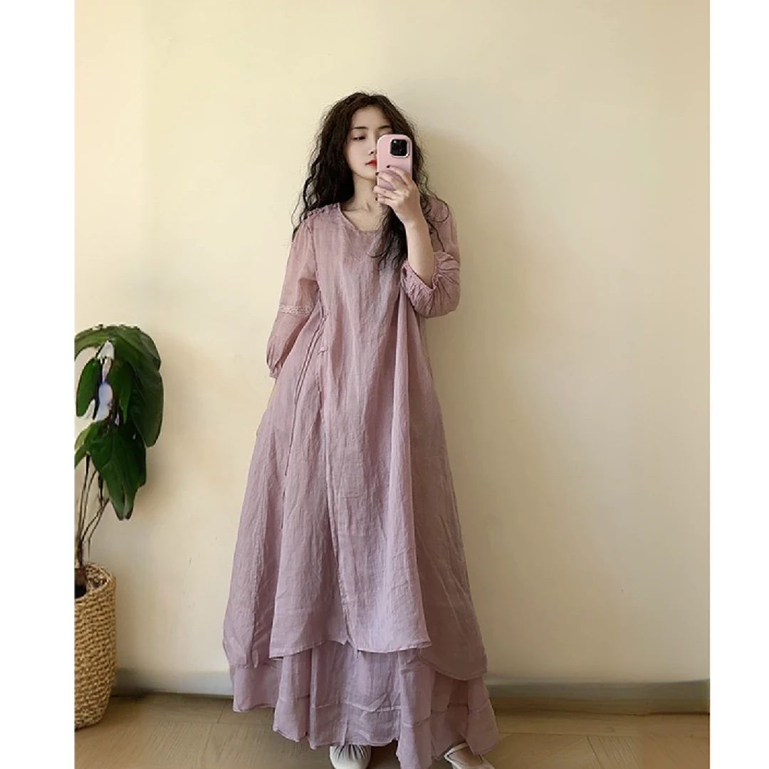 【繁花】春夏新款复古小众纯苎麻手工盘扣系带轻国风连衣裙套装