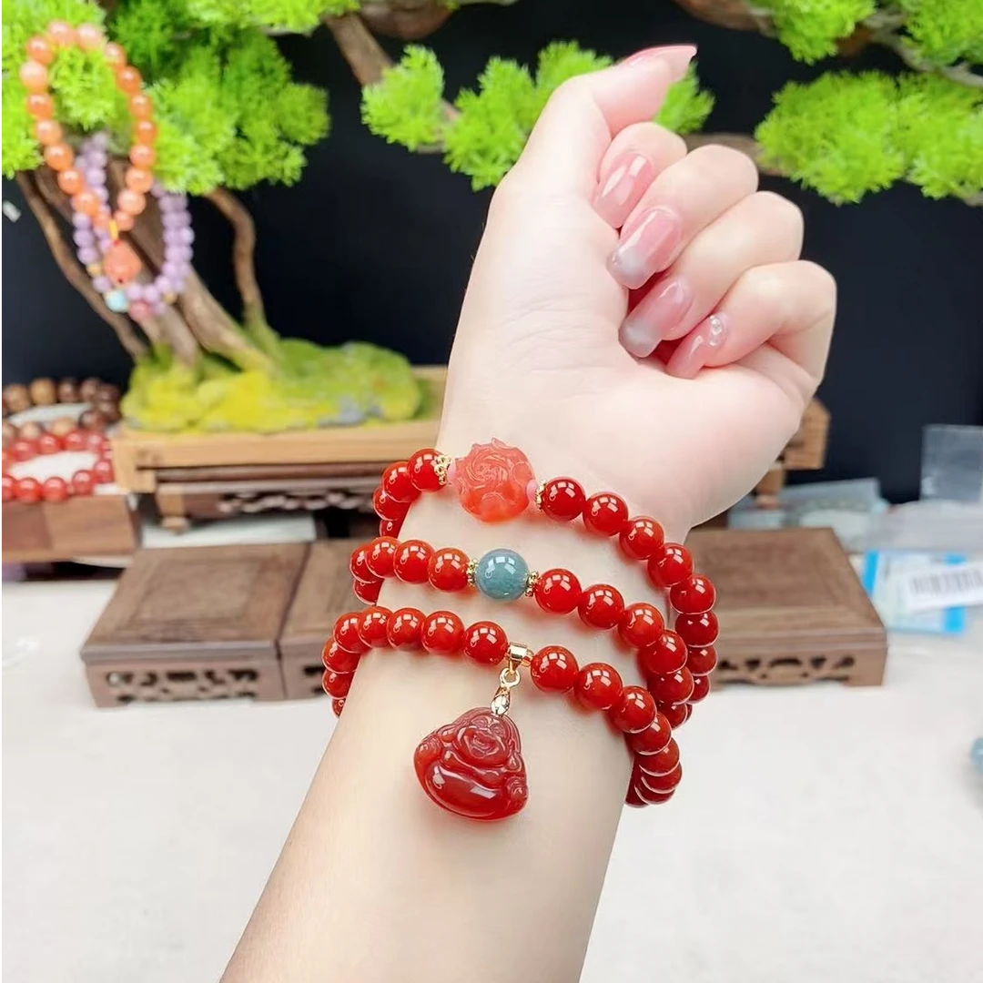 【春姐珠宝】天然红玛瑙项链手串3圈8mm搭配玉兰花 佛公滴溜8827