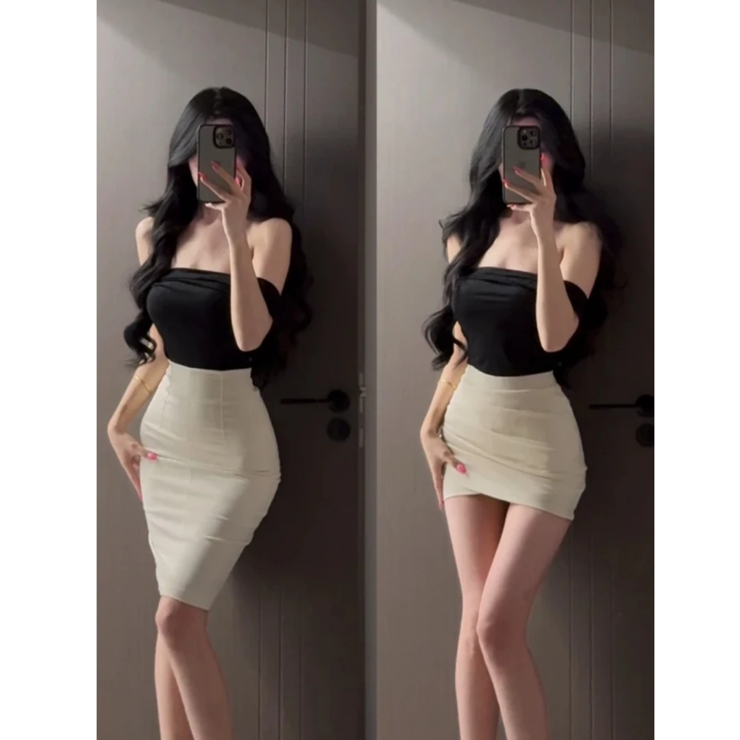 2025新款纯欲性感露背绑带胸垫上衣西装半裙修身显瘦气质两件套装