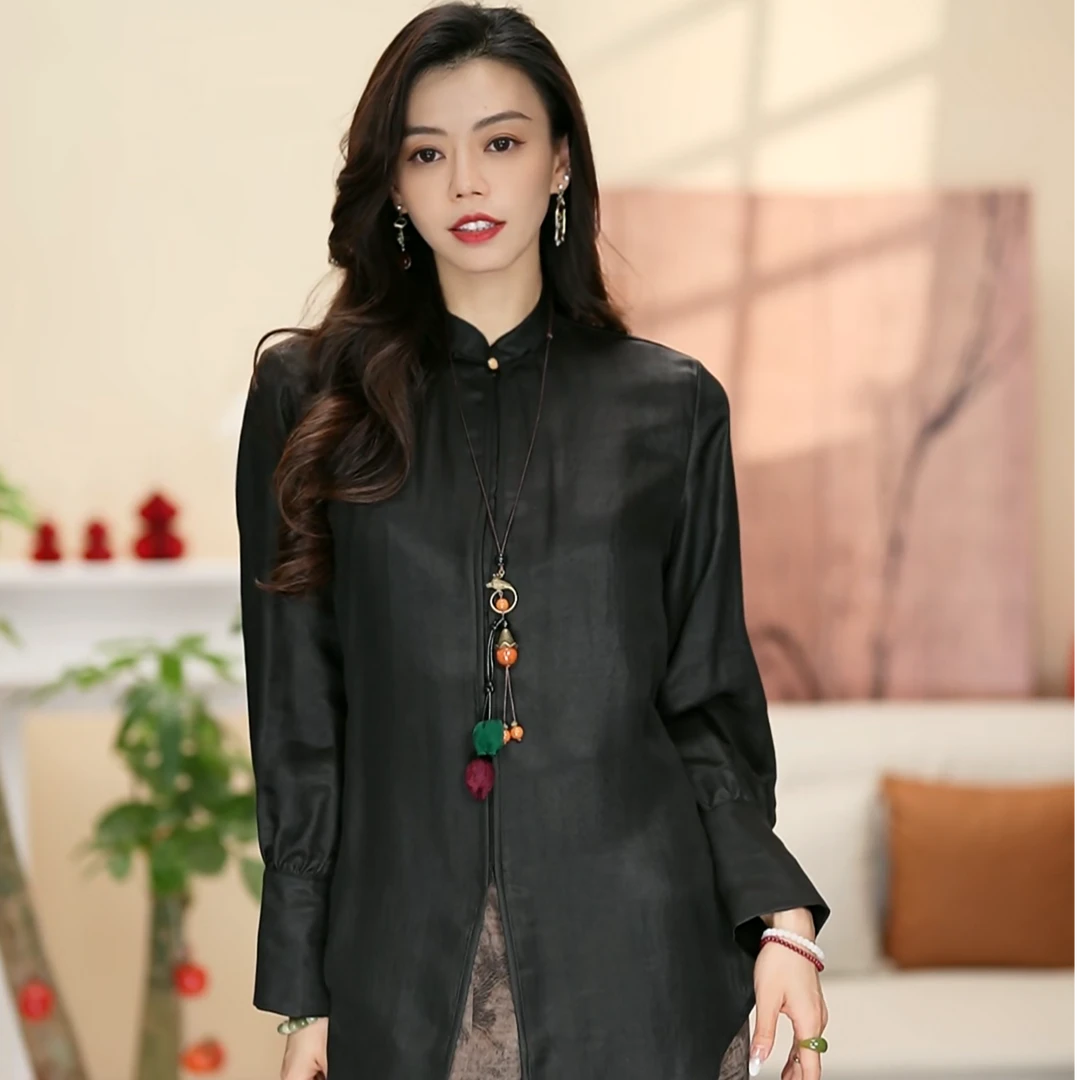 【绸缎】YS2109中长款时尚复古百搭衬衫