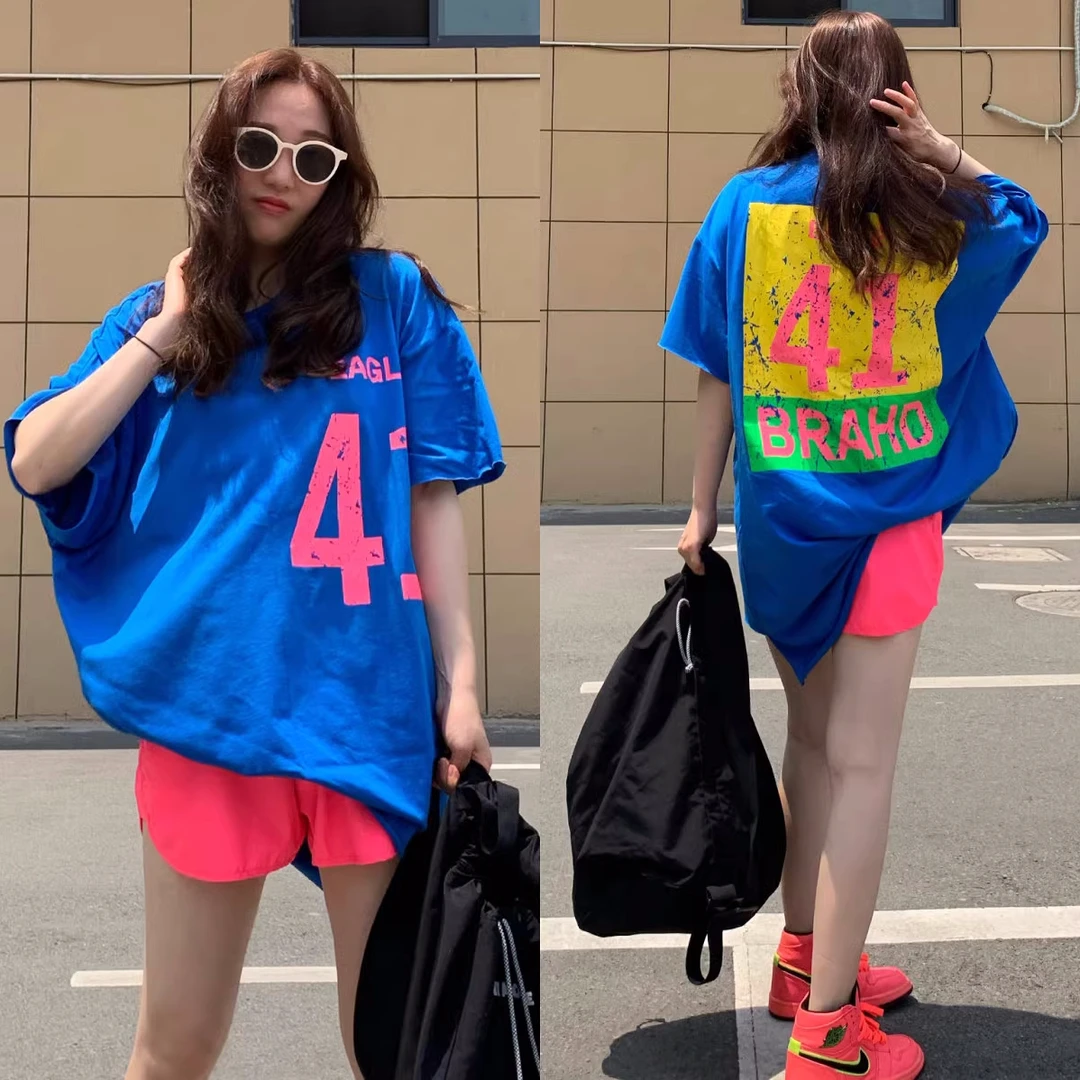 现货2025夏季新款女盖臀大版宽松oversize宝蓝色大码短袖T恤