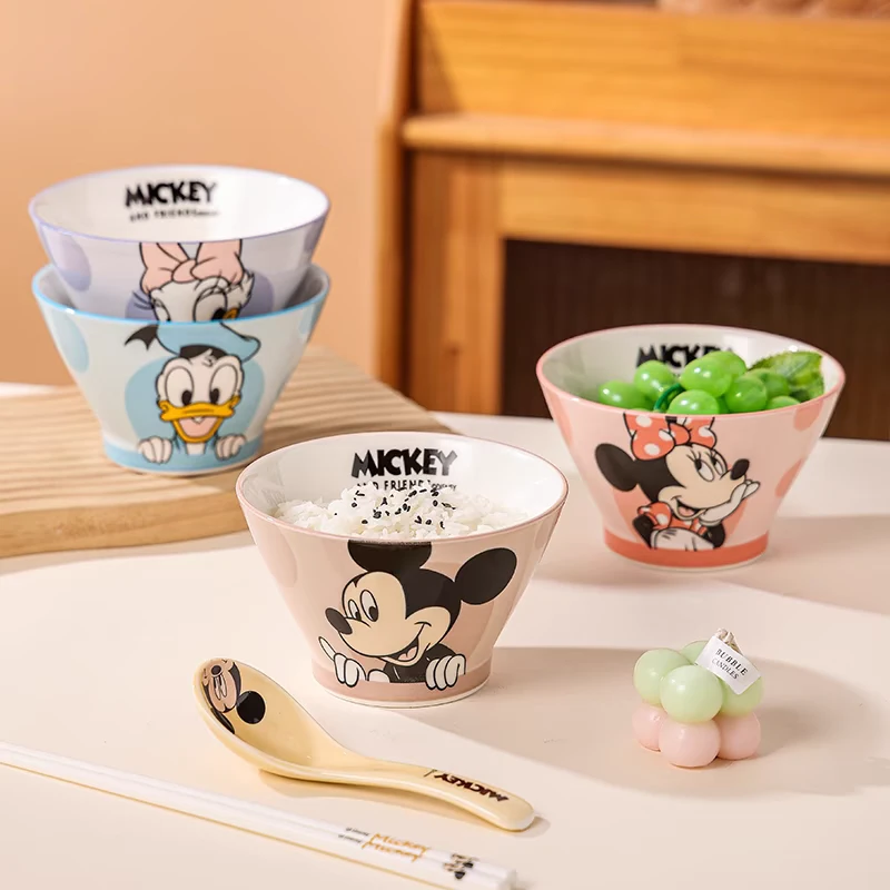 米奇【四个一套】斗笠碗釉下彩家用学生手绘陶瓷米奇可爱创意碗