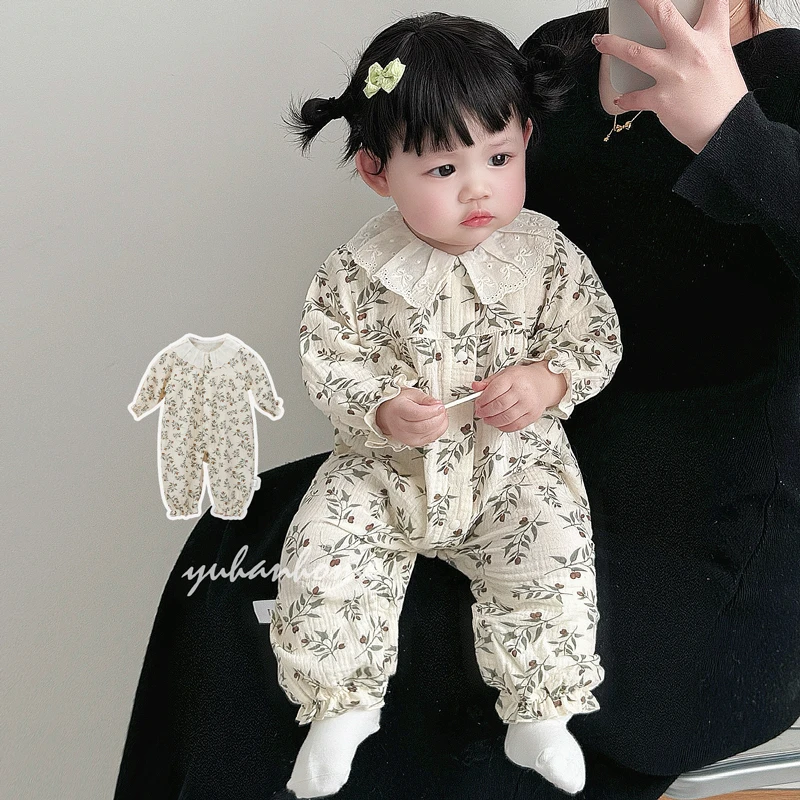 【花边领绉布】满印花朵绉布连体衣