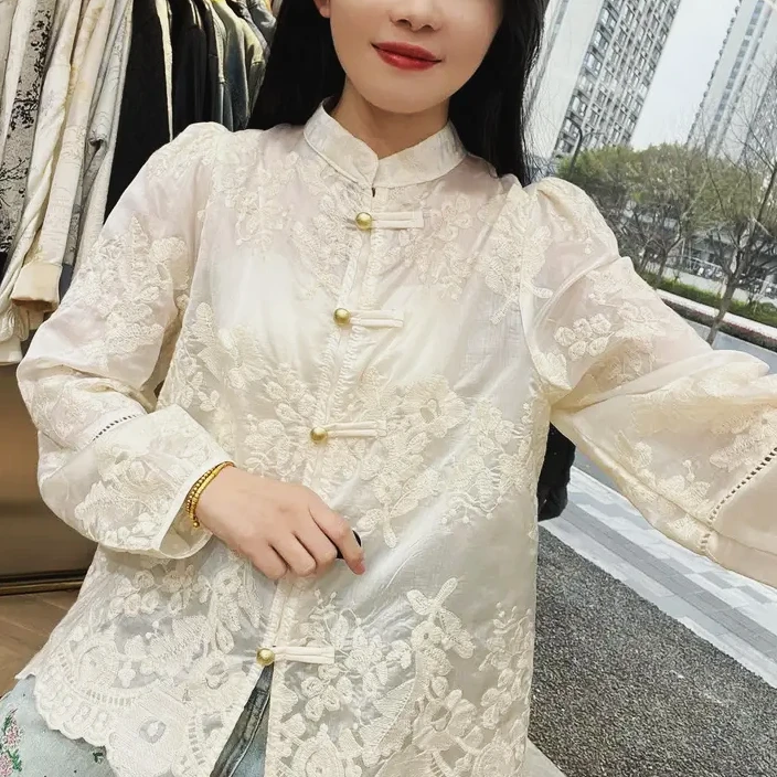 【可穿200斤】复古提花衬衫春季中国风立领绣花气质新中式长袖开衫t