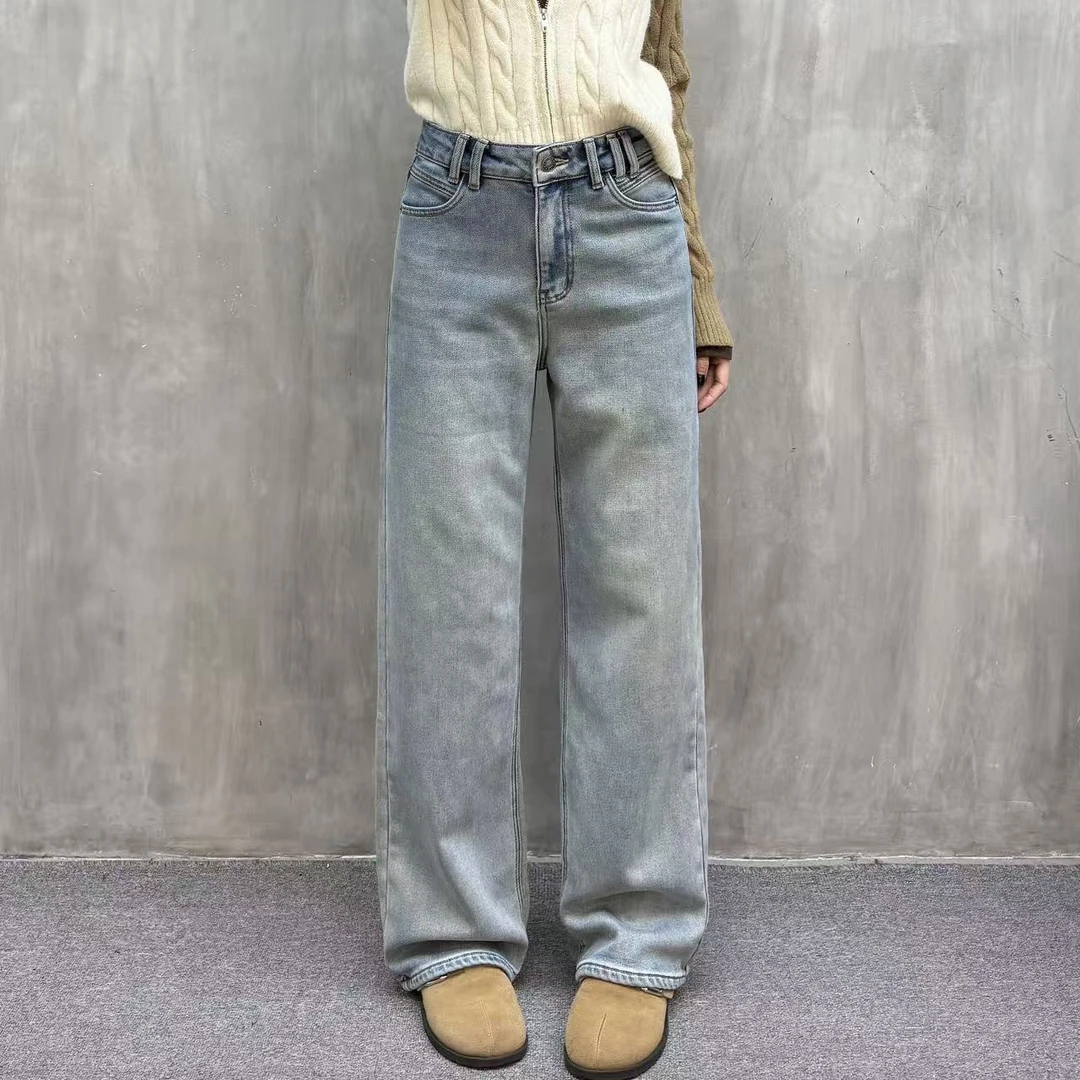 【裤博汇】6176奶油复古蓝德绒高定筷子裤软牛仔高腰窄版直筒裤