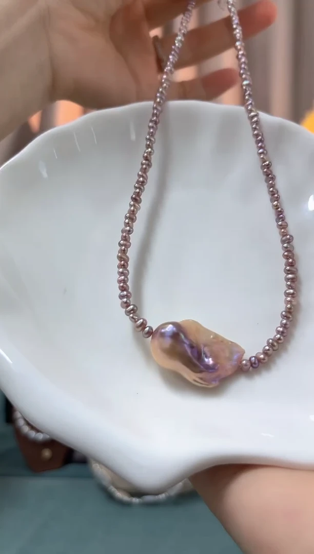 颈饰银S925镶嵌淡水珍珠紫巴碎喳喳劲链福利款（42+5cm长）