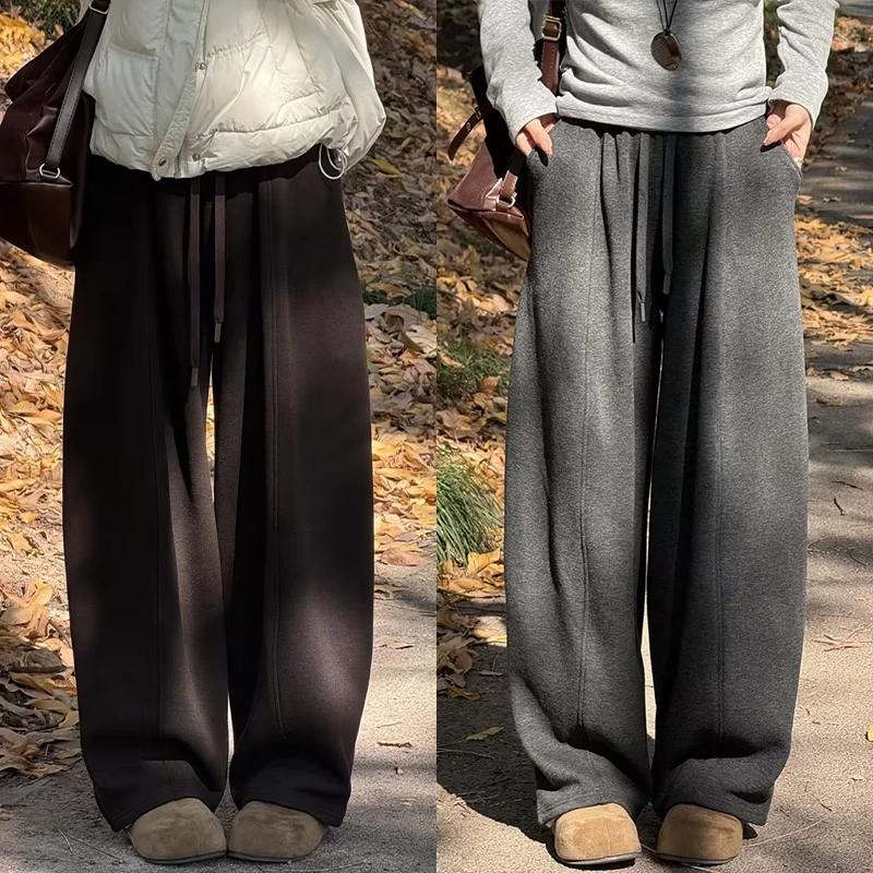 灰色加厚毛呢弯刀裤女秋冬季2025新款加绒高腰垂感休闲香蕉阔腿裤