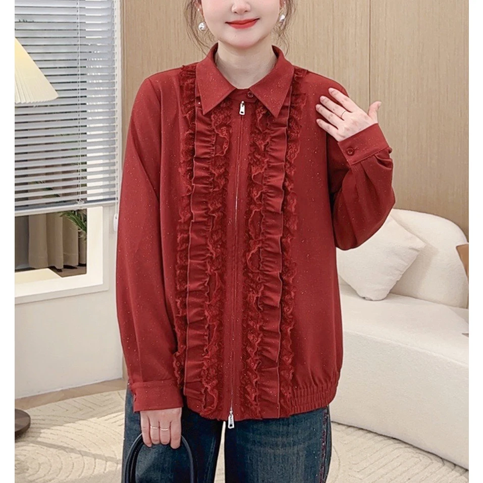 【安可拉红闪粉外套】MsShe大码女装新秋新蕾丝花边衬衫E2409059