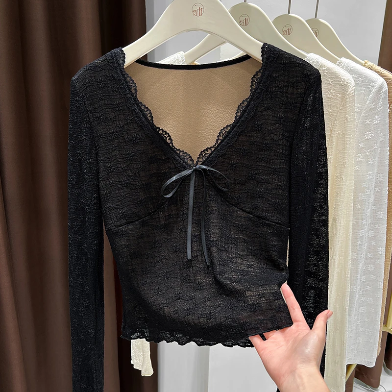 气质大V领加绒蕾丝打底衫女修身内搭秋冬可外穿保暖网纱长袖上衣