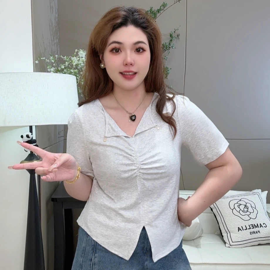 大码女装2025夏季新款设计感不规则开叉短袖T恤女遮肚百搭上衣
