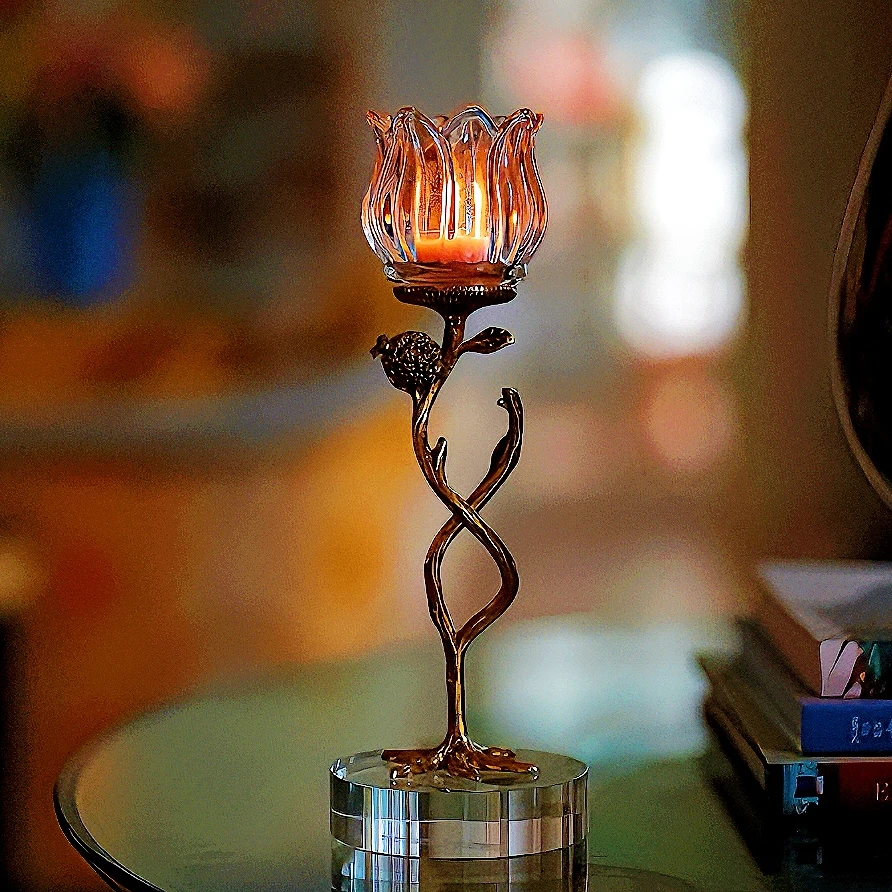 【奇居铜瓷】轻奢铜配玻璃 烛台客厅餐厅装饰摆件#GY