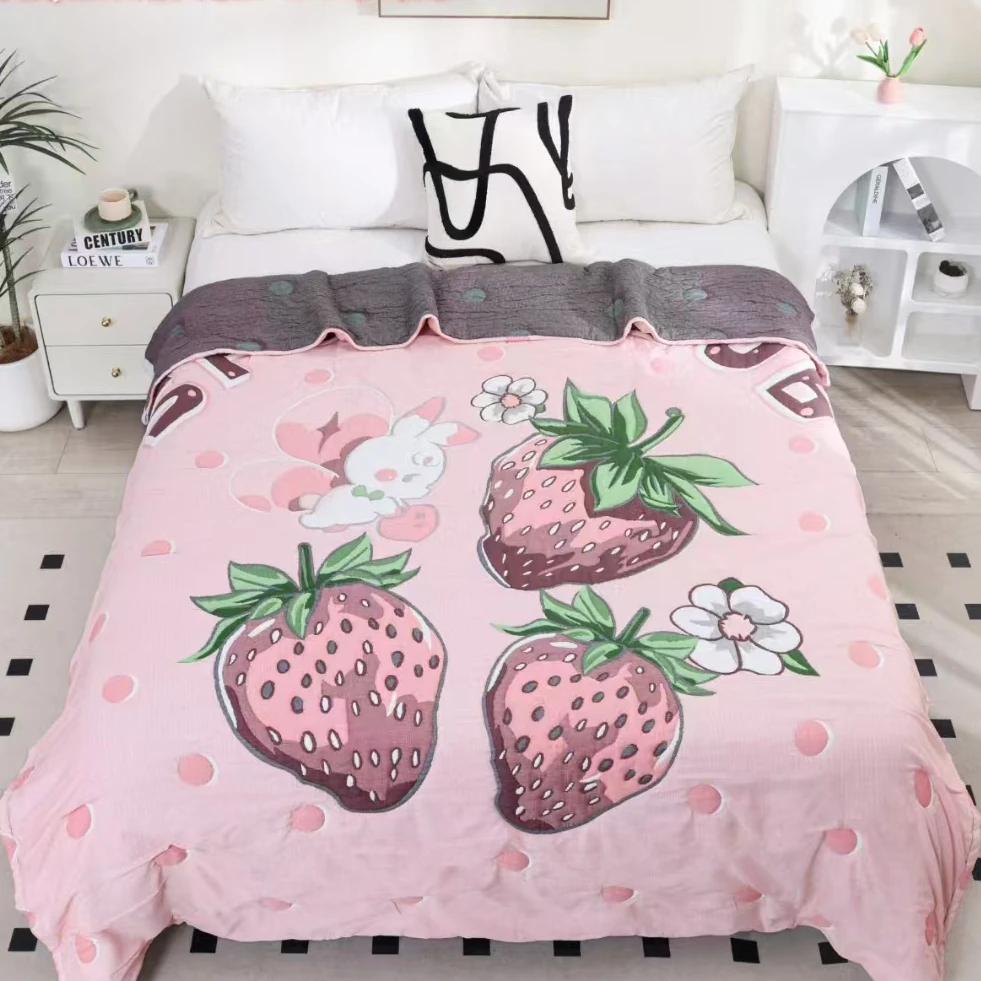 【啵啵草莓兔】200*230超柔精梳棉泡芙被亲肤棉纱四季通用盖被