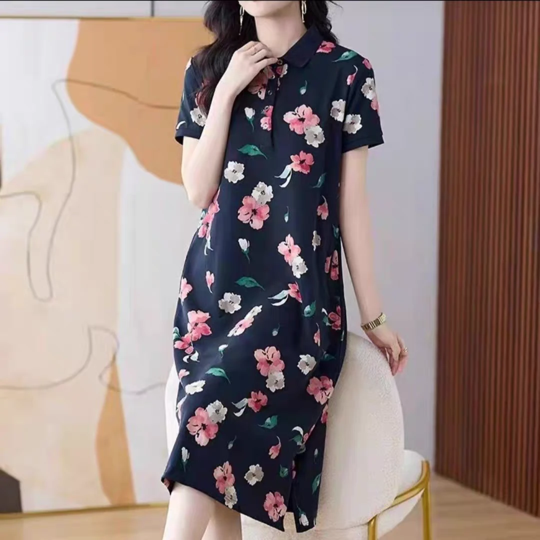 夏季新款珠地棉中长款印花polo裙