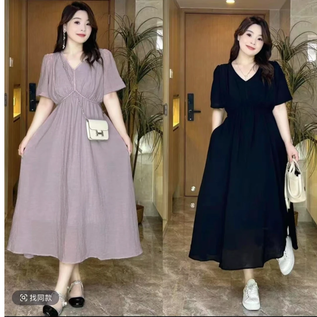 XC6052大码女装微胖mm夏季遮肉显瘦仙裙子法式高级v领短袖连衣裙