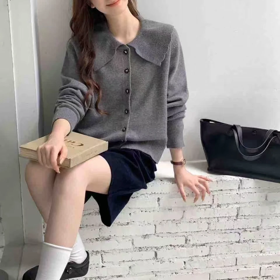【静姐家】7912韩系慵懒风娃娃领女洋气气质百搭宽松针织开衫上衣