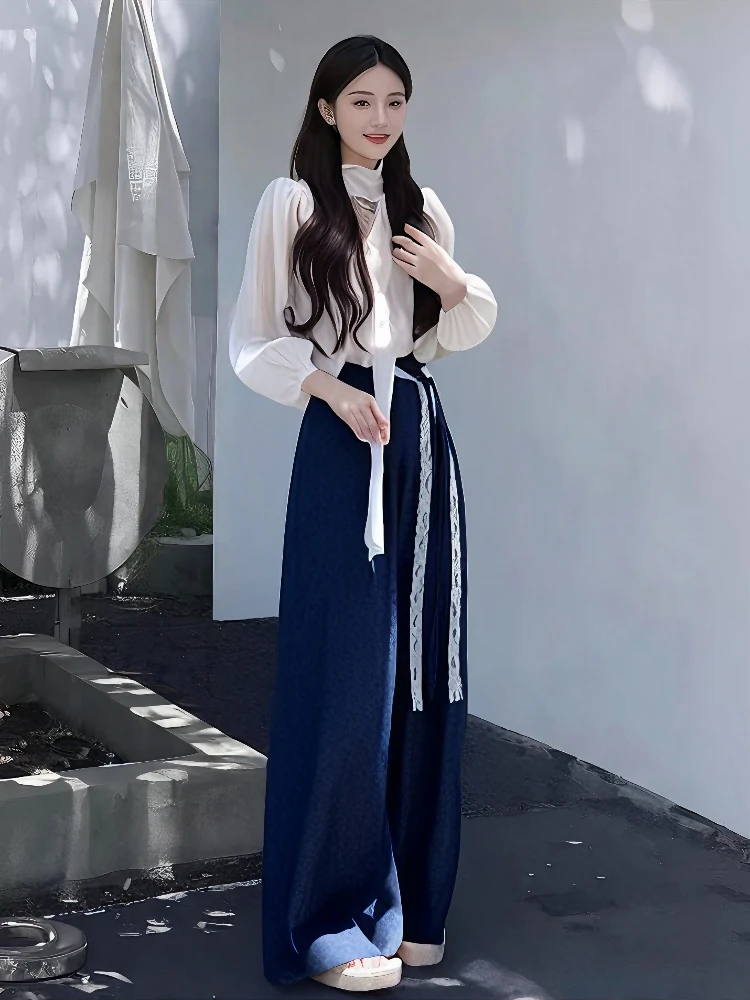 春季2025超火气质白色喇叭袖V领衬衫蓝色阔腿裤韩风chic两件套装