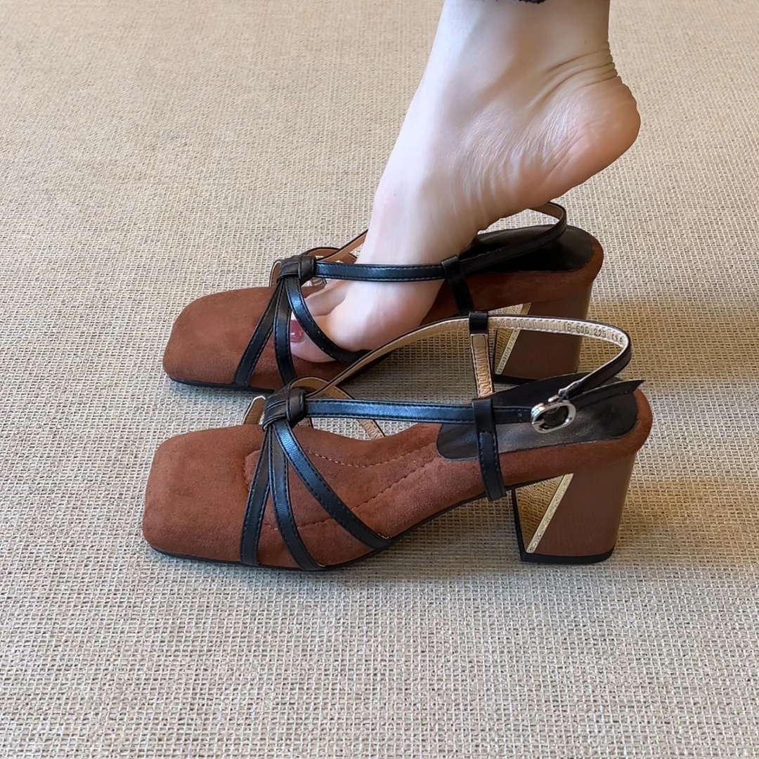 RubyL/6cm夏季优雅通勤交叉细带粗跟舒适踩屎感百搭露趾罗马凉鞋