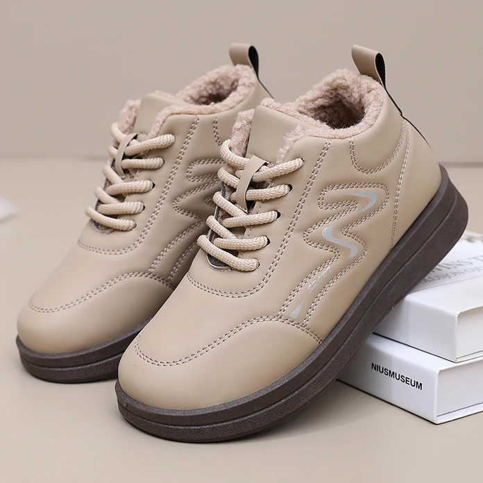 冬季运动鞋女鞋加绒保暖棉鞋加毛跑步鞋软面防水皮面防滑时尚棉鞋