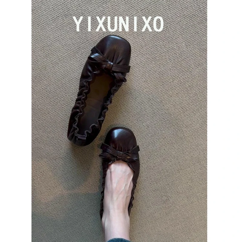 羊皮版~复古褶皱蝴蝶结平底芭蕾舞鞋通勤百搭一脚蹬浅口单鞋女