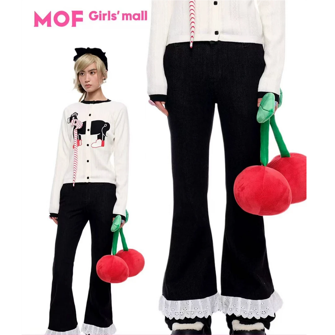 【自播】MOF少女百货 蕾丝花边牛仔喇叭裤黑色白花边喇叭牛仔裤