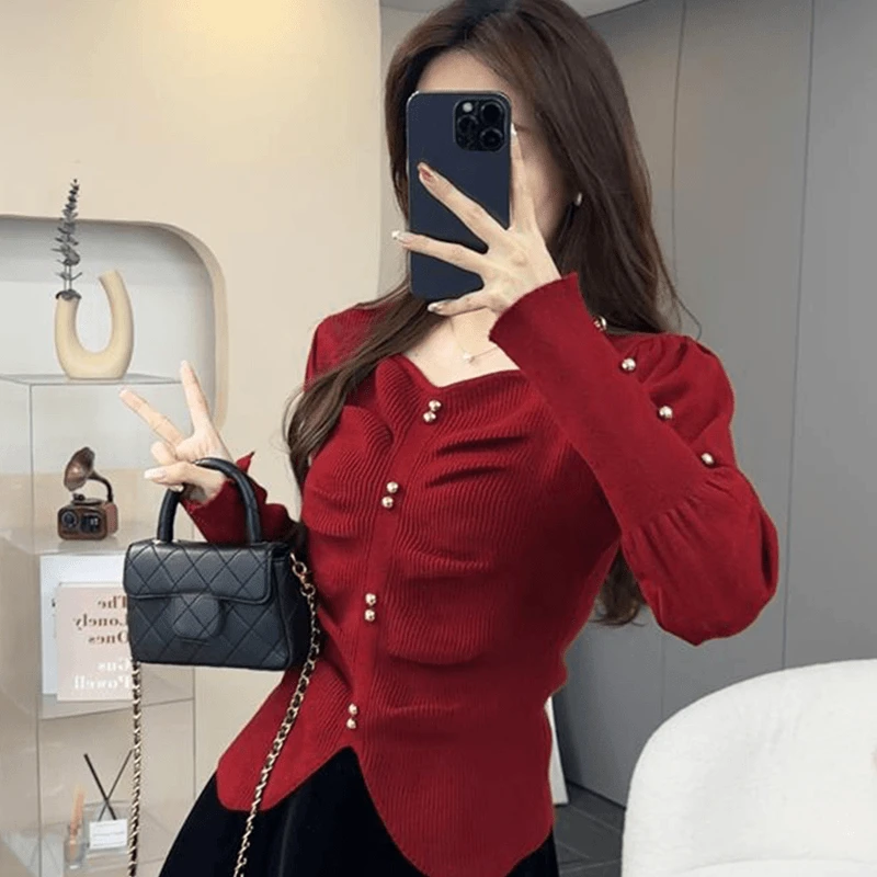 小香风设计感泡泡长袖针织衫女春秋冬季褶皱v领纽扣毛衣打底上衣