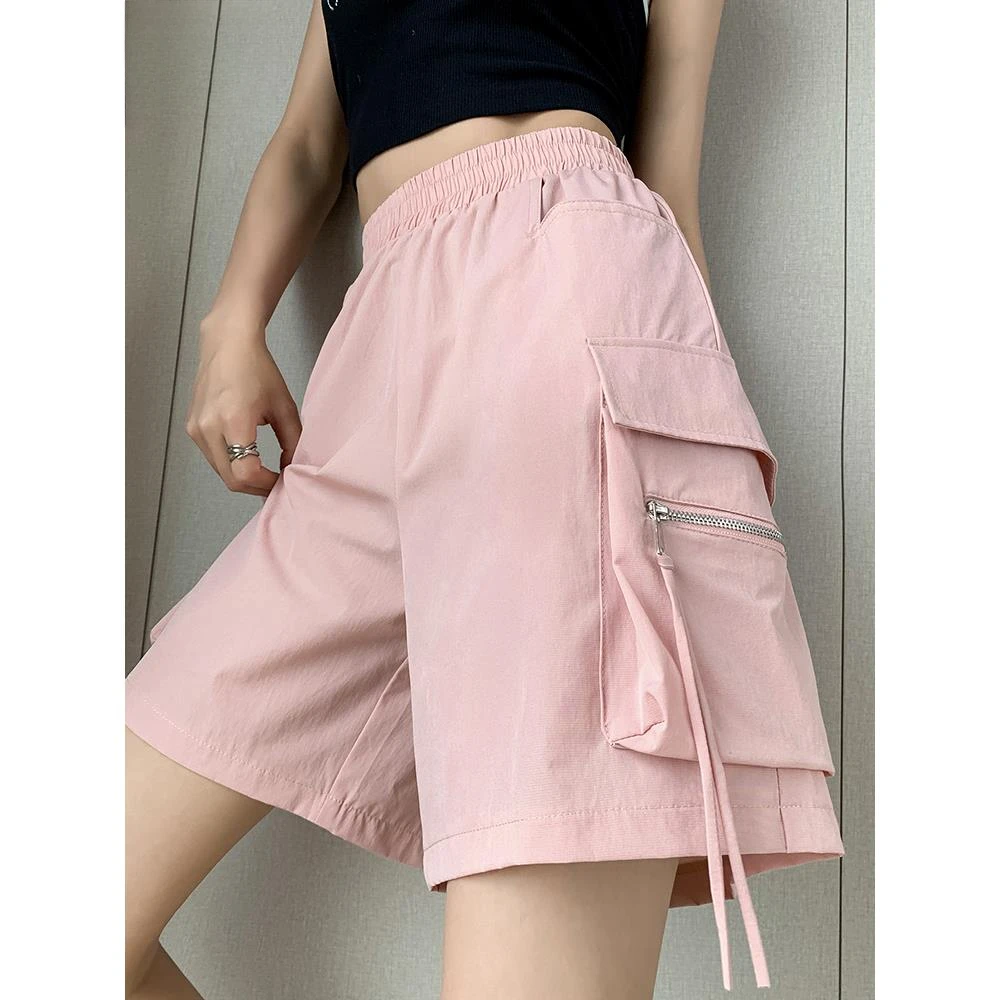 五分工装裤女夏季薄款高腰小个子运动裤宽松显瘦a字冰丝阔腿短裤