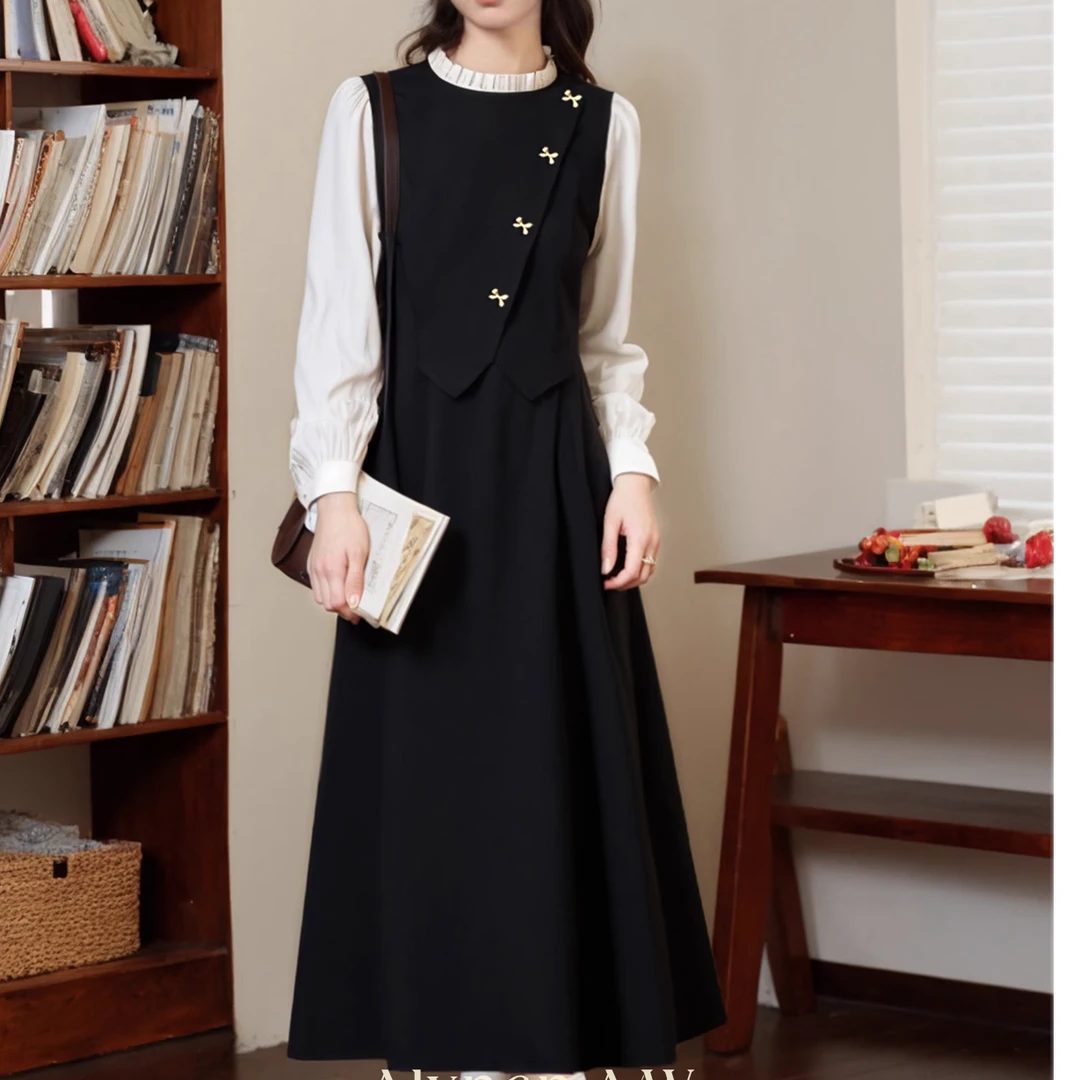 【鹿屿庄】假两件连衣裙女装秋季新款设计感显瘦裙子A00602