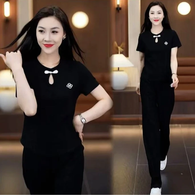 国风休闲运动女夏季新款洋气显瘦盘扣上衣阔腿裤两件套2835#