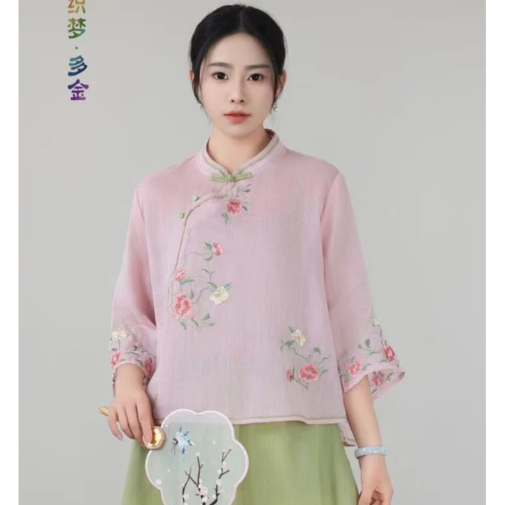 炫织梦短款苎麻刺绣夏季古风禅意日常中国风中式仙气汉元素斜襟