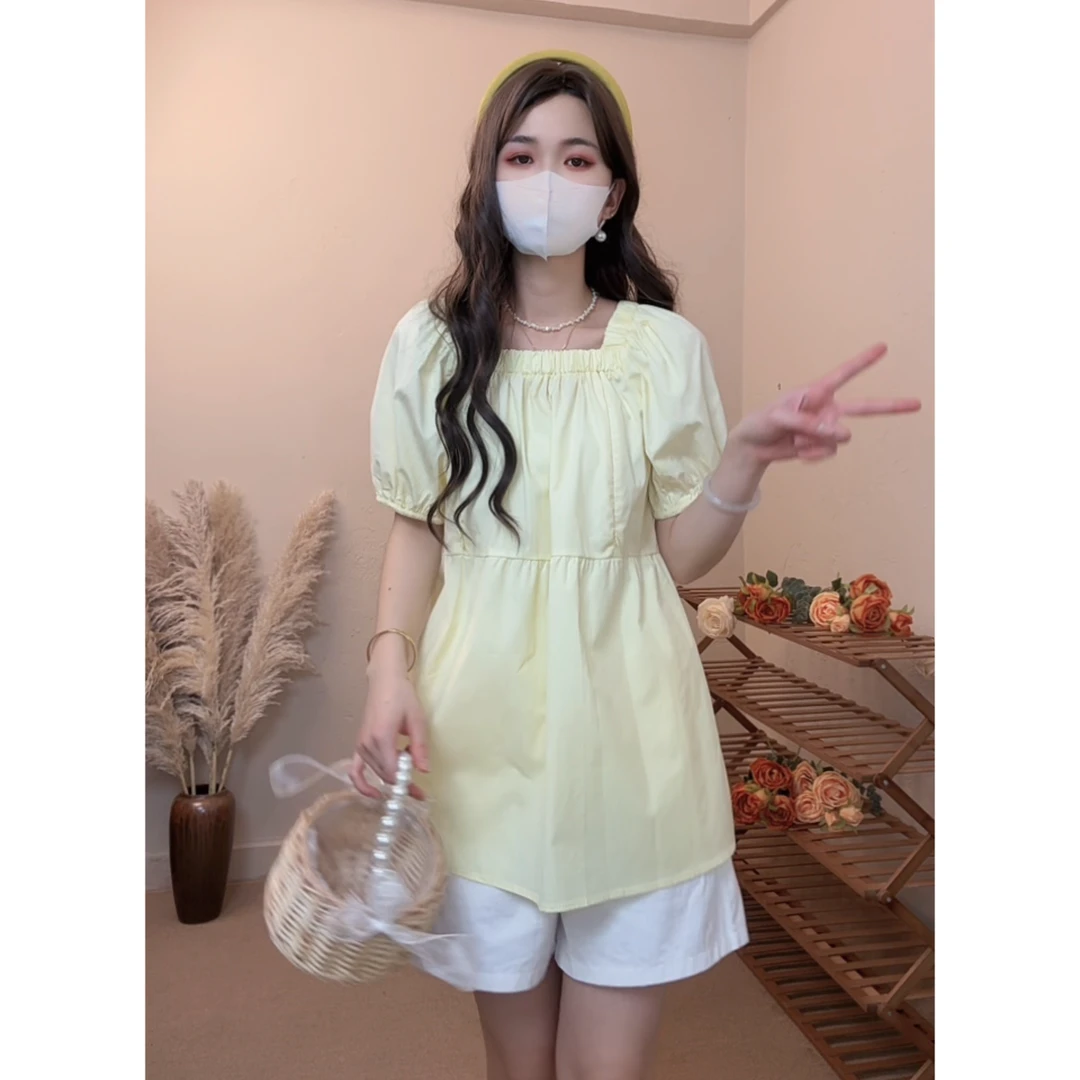 弹力方领套装外出哺乳衣两件套产后小个子显瘦月子服上衣加短裤潮